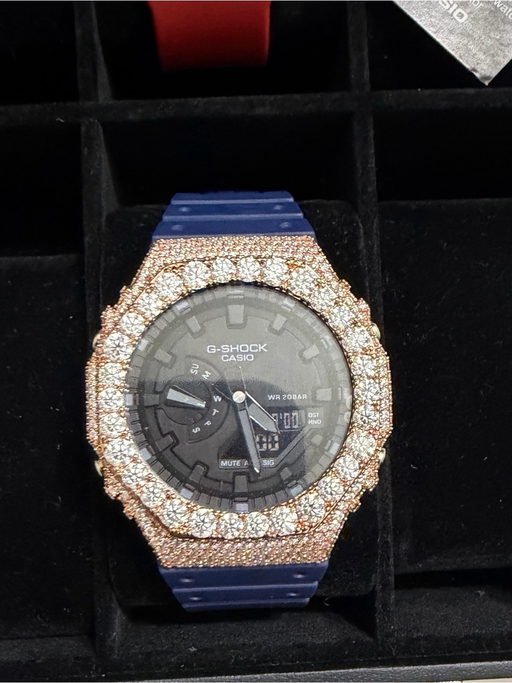 G-Shock Blue Strap Watch with Rose Gold Crystal Bezel